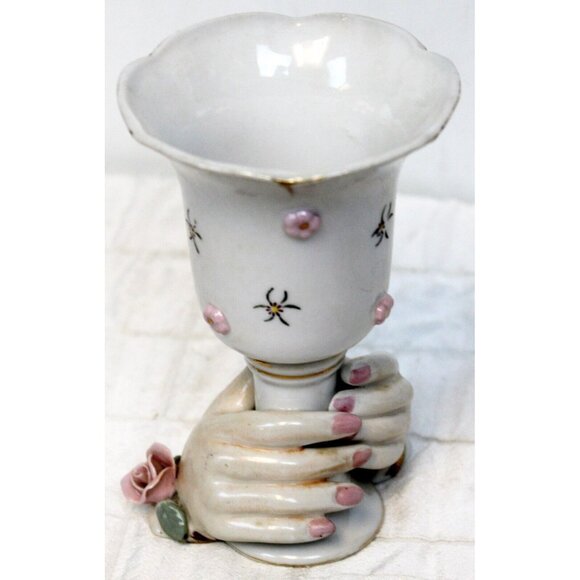 Vtg 50s Lefton China Bud Vase Womans Lady Hands Holding Cup Pink Rose 5" - Picture 3 of 11